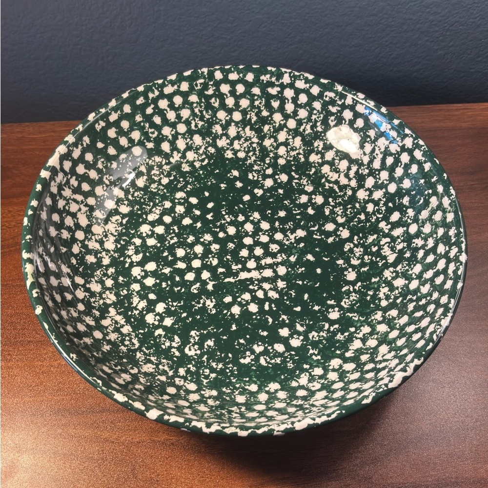 Large Green Spongeware Serving Bowl Handpainted in Italy by Roma Inc